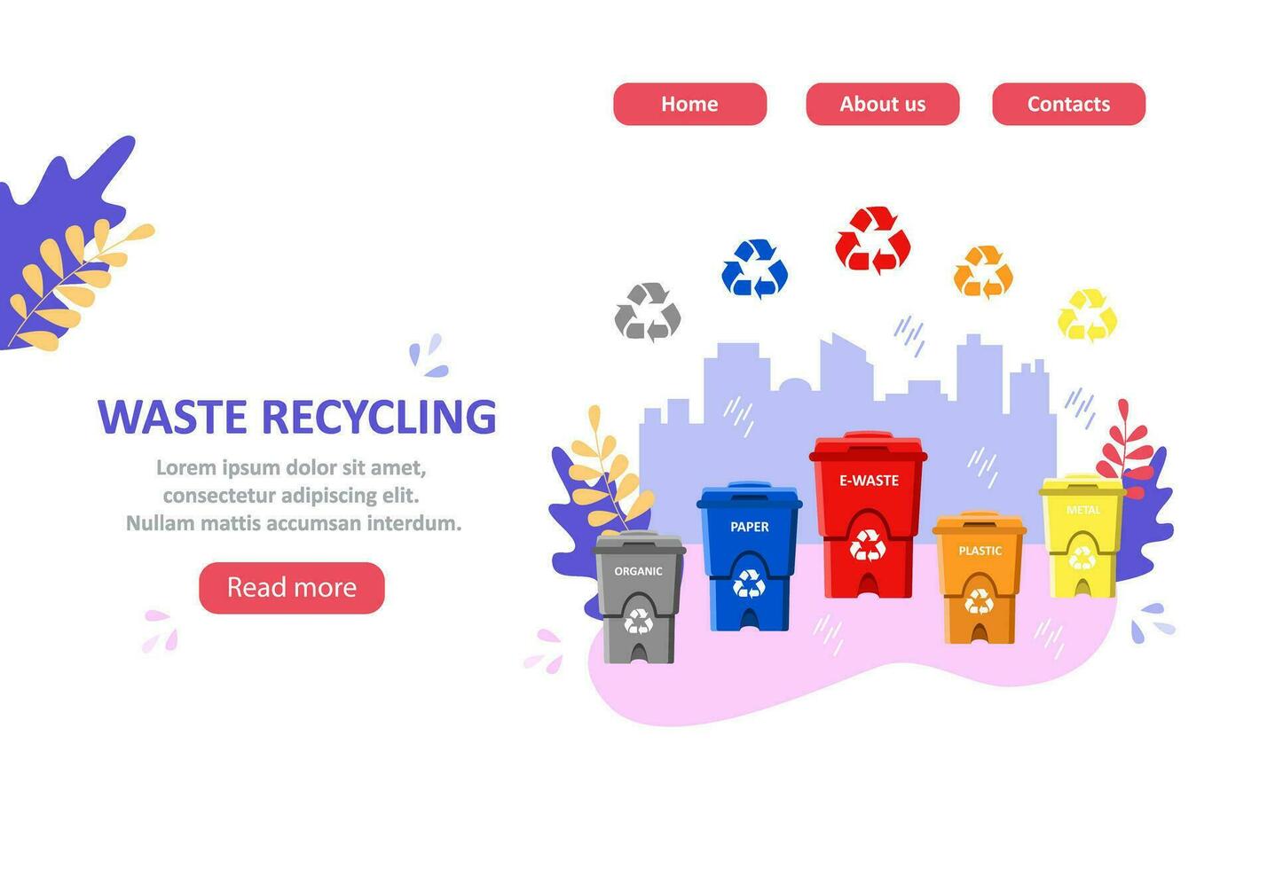 Waste segregation website template, landing page. Colorful containers, dustbins. Garbage sorting and management. Recycling concept in urban landscape. Zero waste. Great for website and mobile apps. vector