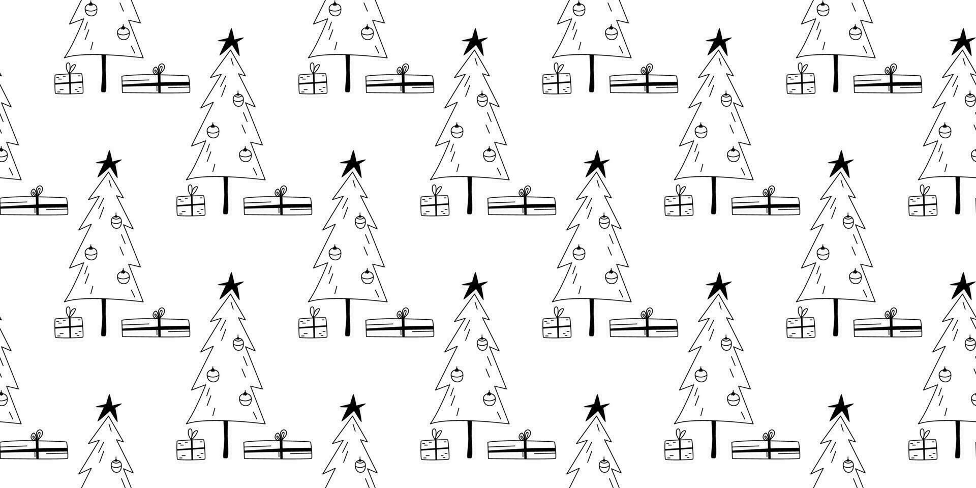 Christmas tree doodle seamless pattern. Fir tree with gifts. Scandinavian winter holidays. Line art. Outline forest. Background, digital paper, wallpaper. vector