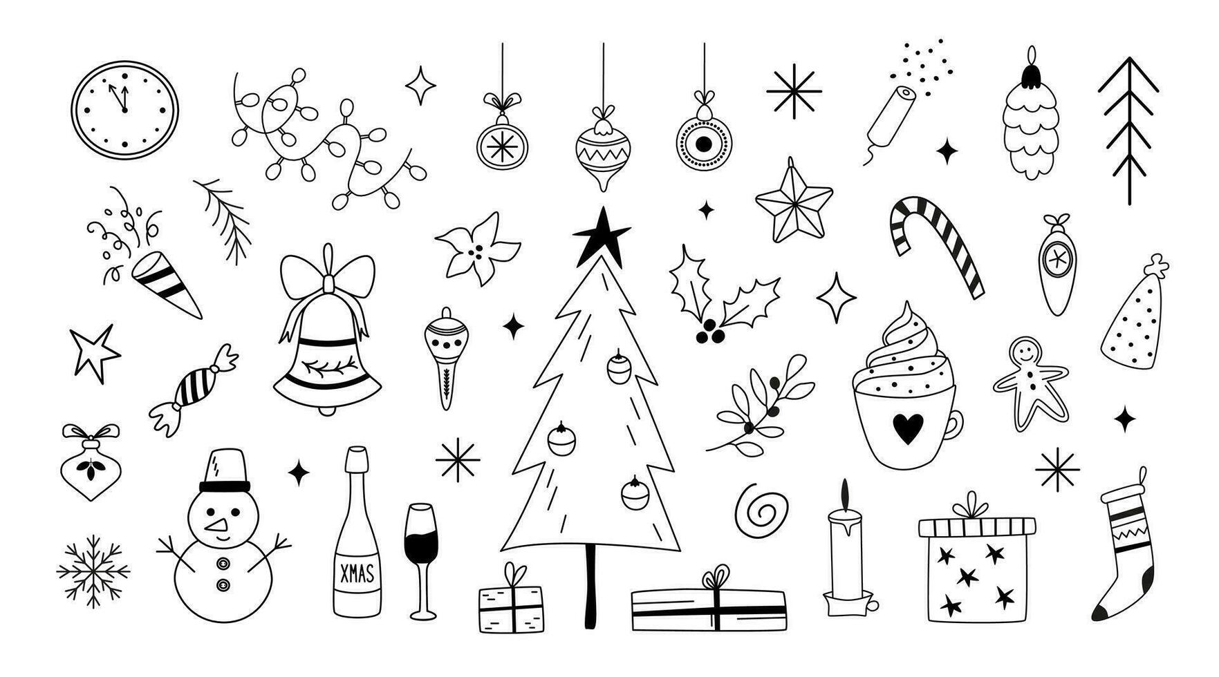 Christmas and New Year symbols. Simple festive doodles. Hand-drawn line art. Outline sketch isolated on white background. Winter season. Coloring book. vector