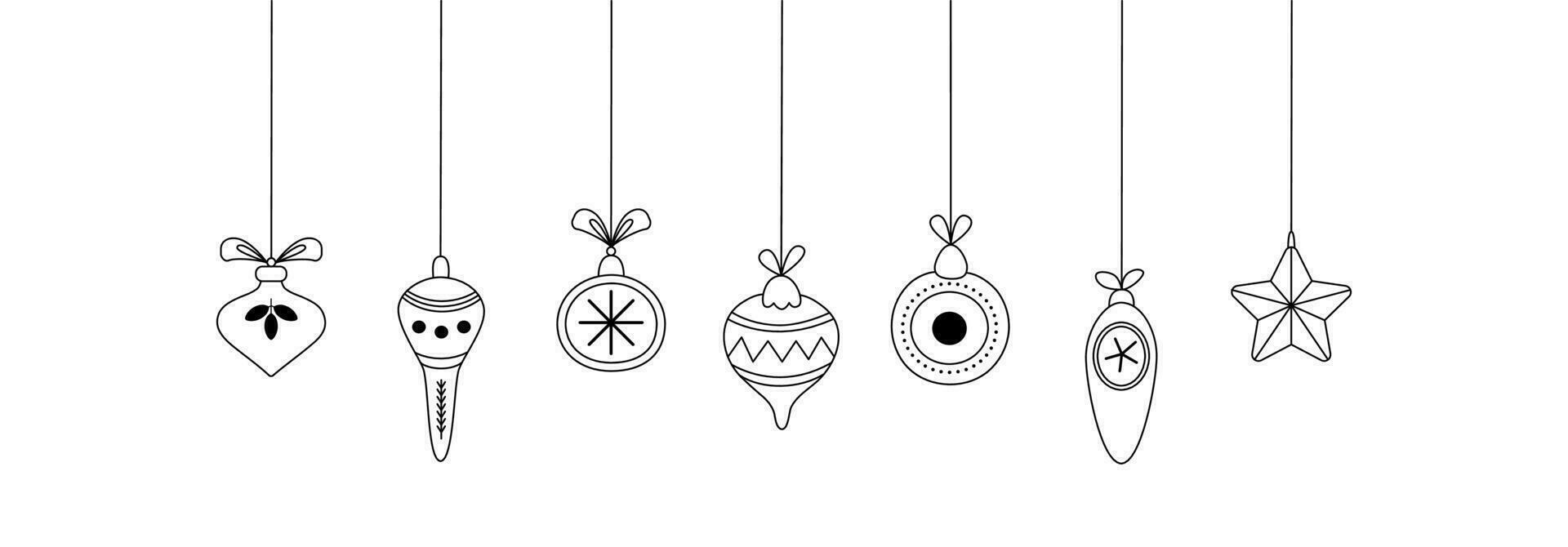 Set of hanging Christmas tree decorations, baubles. New year doodles. Linear background, banner. Modern line art. vector