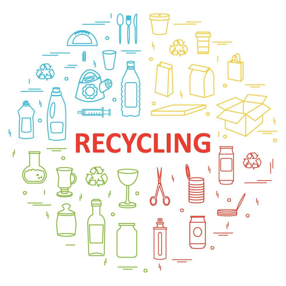 reciclaje y residuos administración concepto. basura clasificación y segregación. diferente tipos de basura - el plastico, papel, vaso, metal. ecología. línea Arte y garabatos vector