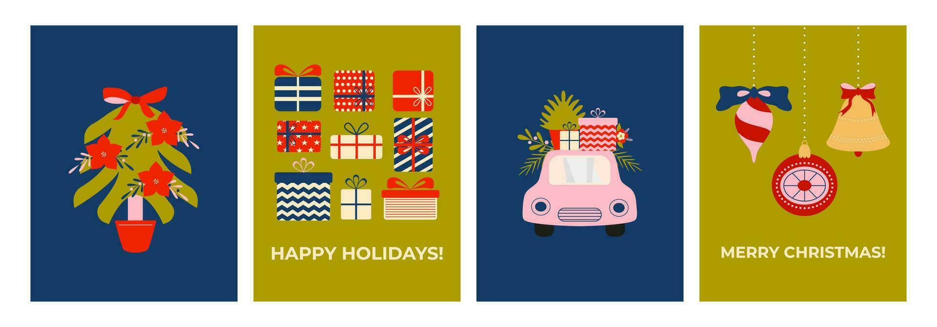 conjunto de moderno Navidad saludo tarjetas en minimalista estilo. escandinavo invierno. retro Clásico vibras. Navidad árbol, festivo decoraciones y adornos, regalos, Navidad camión. vector