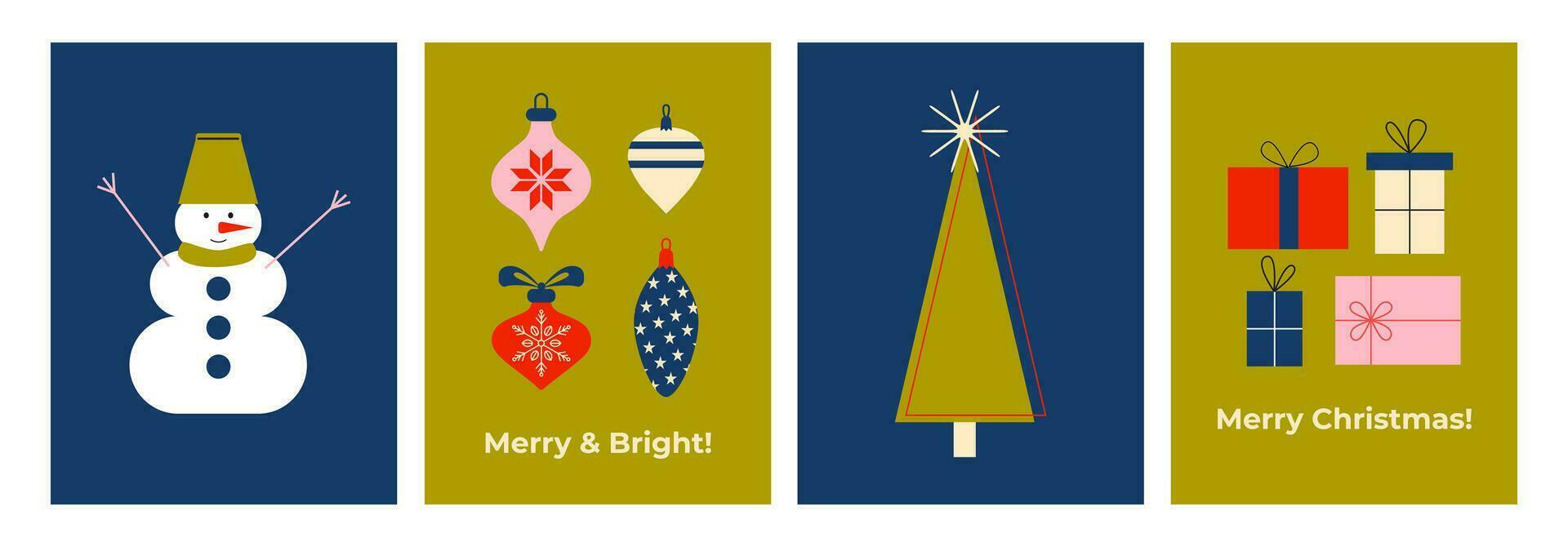 Set of modern Christmas greeting cards in minimalistic style. Scandinavian winter. Retro vintage vibes. Snowman, Christmas tree, festive decorations and baubles, gifts. vector