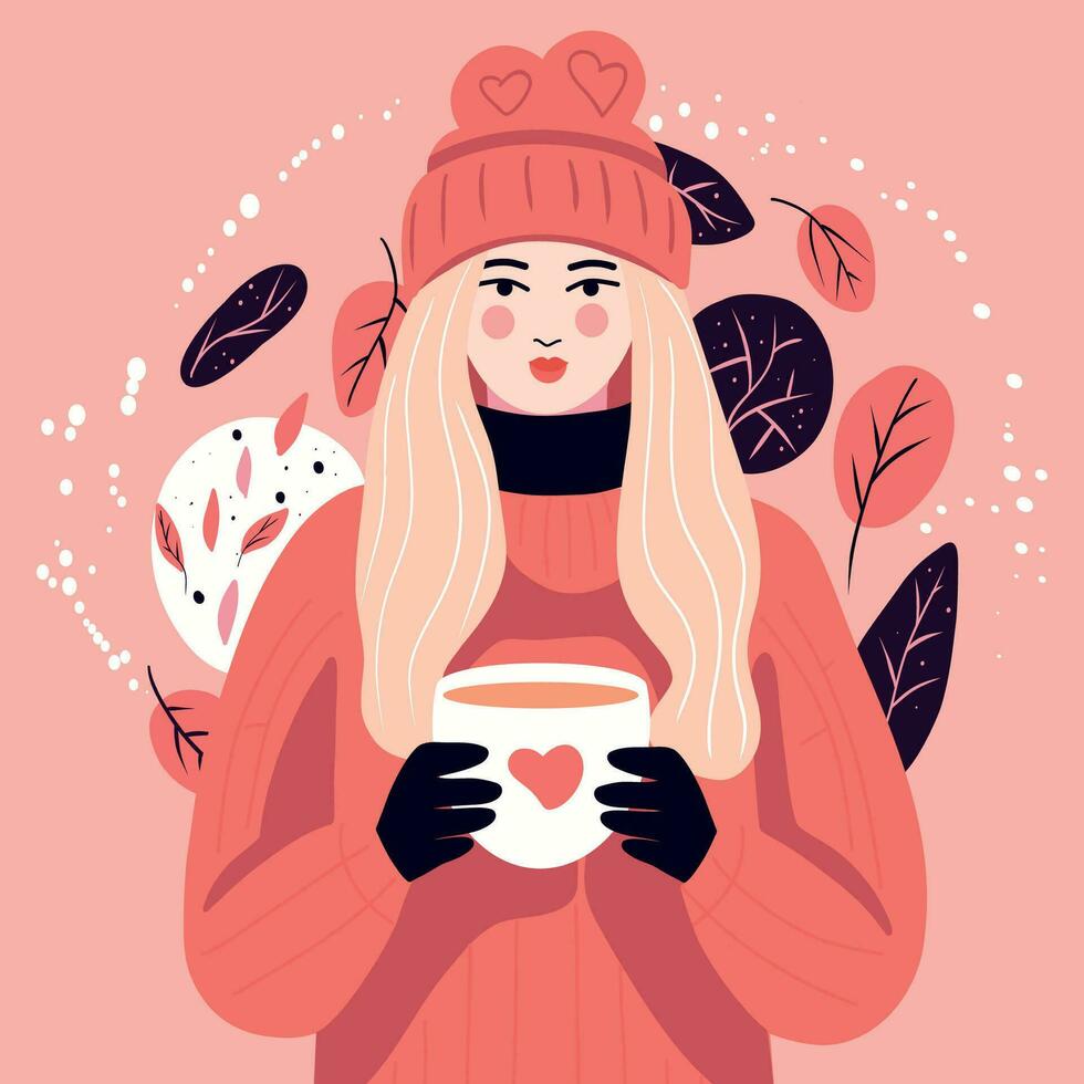 niña bebidas café al aire libre mujer disfruta capuchino en un vaso taza, joven mujer sostiene un café taza, plano vector, rosado paleta, delicado sombras, calentar ropa, otoño vector