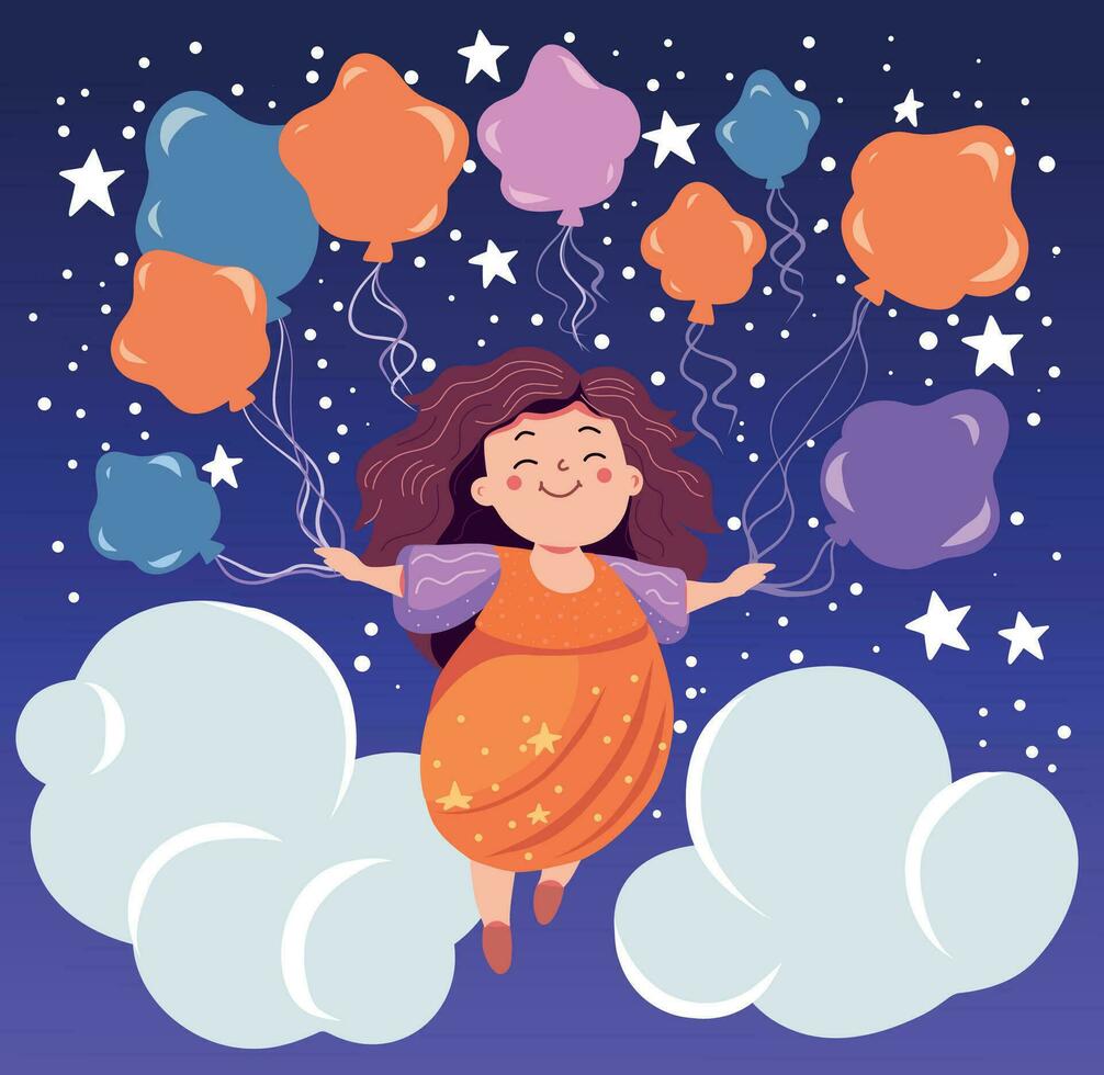 Vector invitation card invitation card children's book illustration flat style cute character girl in clouds with stars balloons in the night sky