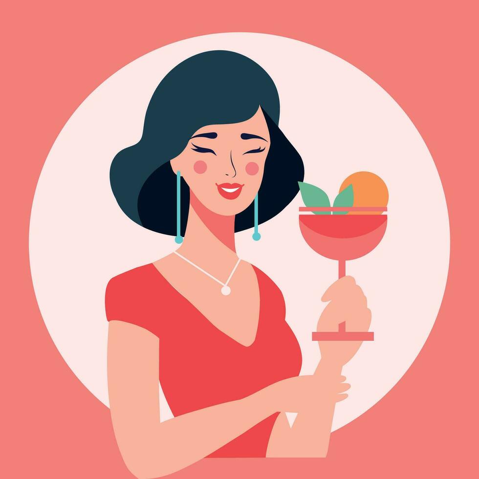 Flat illustration of a girl with a cocktail in her hand with a glass in the style of a flat illustration. The girl smiles and drinks a delicious cocktail vector