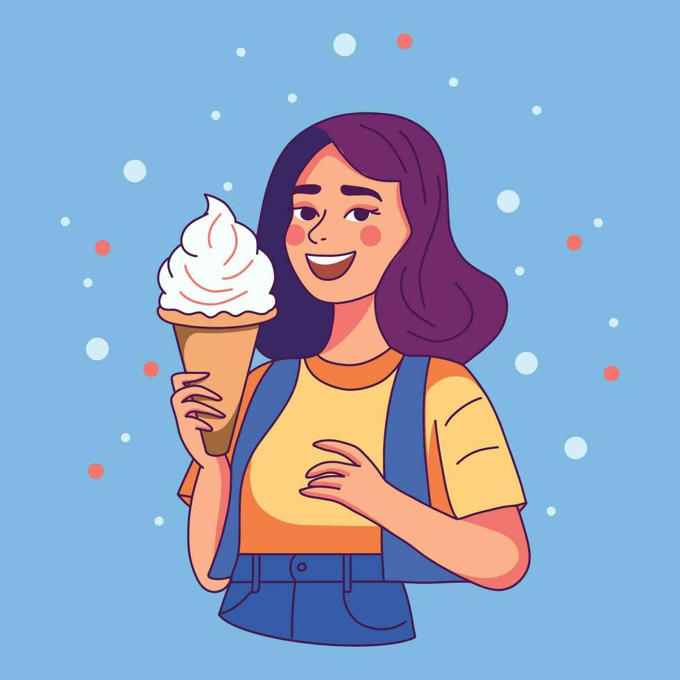 color palette blue yellow, cute girl holding ice cream in her hands, woman enjoying delicious ice cream in a cone, young woman ice cream smile on her face vector