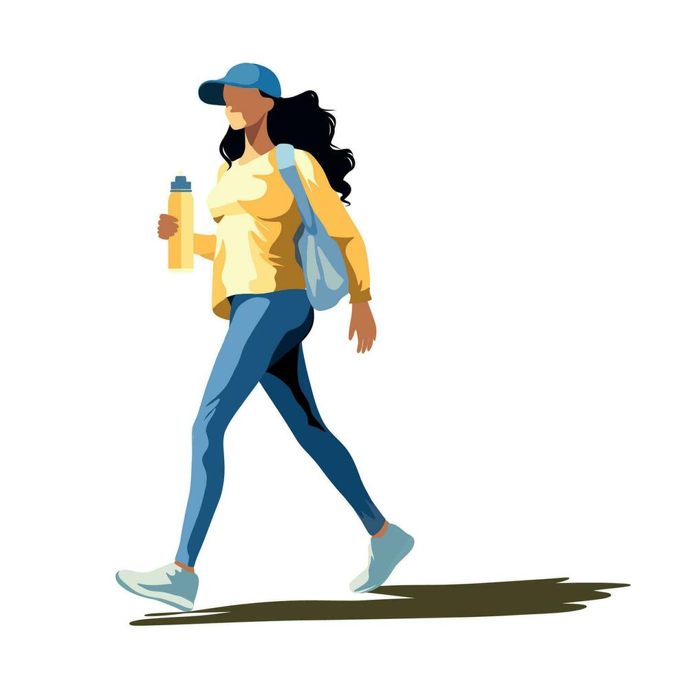 Vector sports illustration girl in a cap goes in for sports walks with a bottle of water in the hands of an athlete on a white background