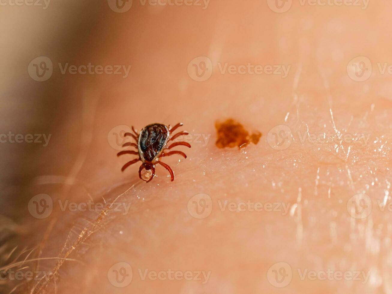 close up of red tick with blood. macro shot of human hand with tick. photo