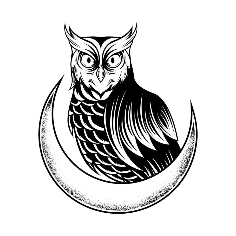owl with moon black and white illustration vector