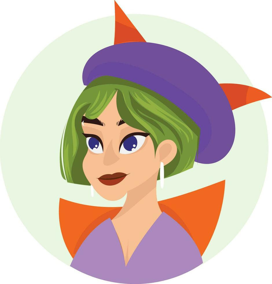 Lady stylish vector illustration young female characters faces, party idea woman with colorful hair, pretty portraits for social networks or user profiles showing model costume halloween