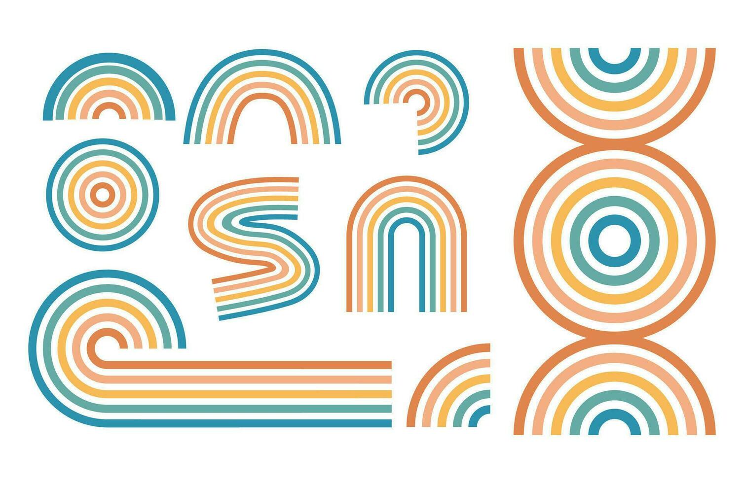 Retro striped circle and rainbows illustration. Teal and orange groovy geometric shapes set. Vector clipart.