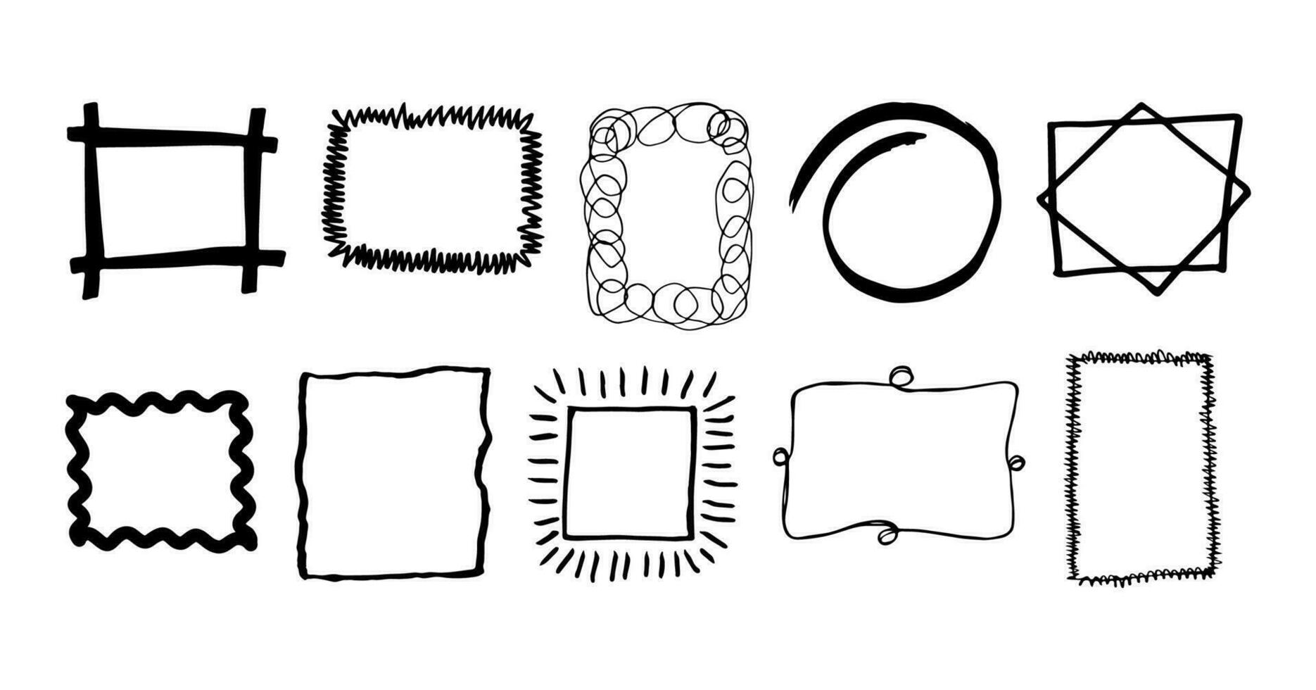 Hand drawn scribble frames set. Black outline doodles art. Vector illustration.