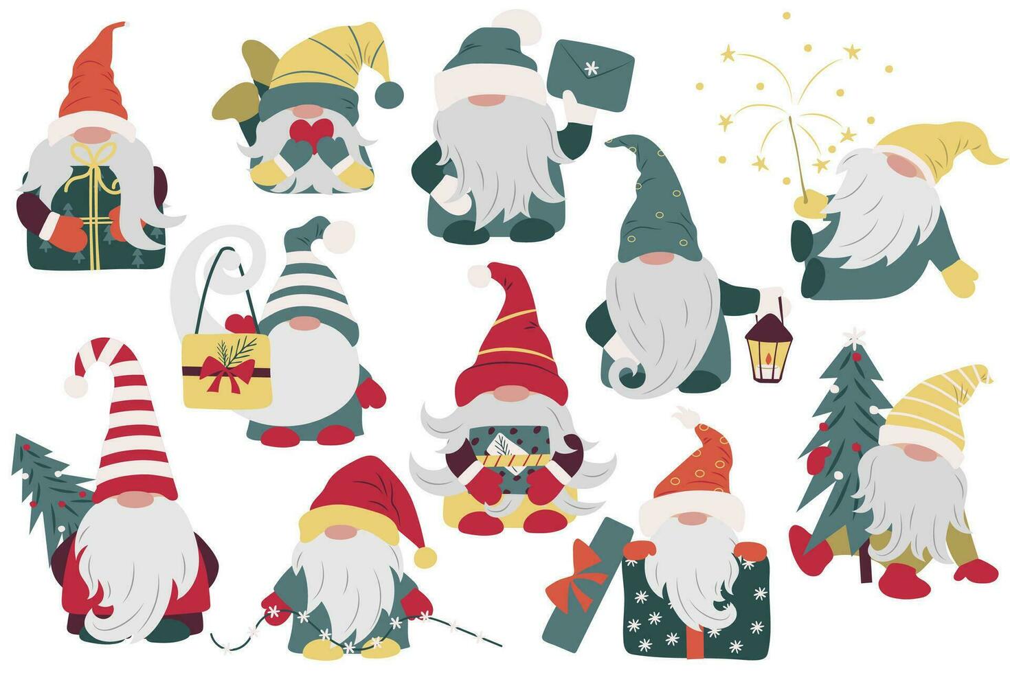 set of cute gnomes in different poses isolated on white. Scandinavian cartoon character. Christmas decoration. Fairy tale dwarf, elf, gifts, christmas tree vector