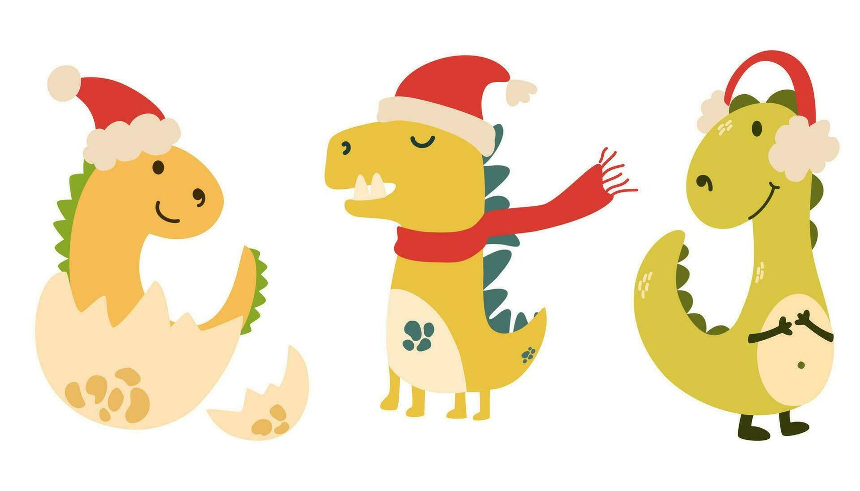 Christmas Dragons in a Santa Claus hat. Cute dinosaurs for New Year and Christmas. Symbol of 2024  Vector hand drawn illustration.