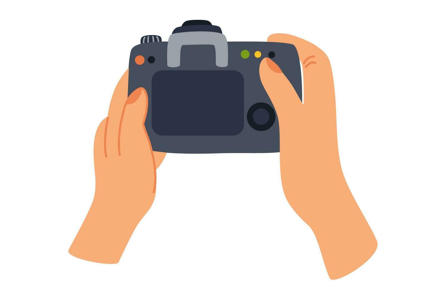 Hand holding camera. Photographer taking pictures. Professional photo or video shooting. Hand drawn vector illustration