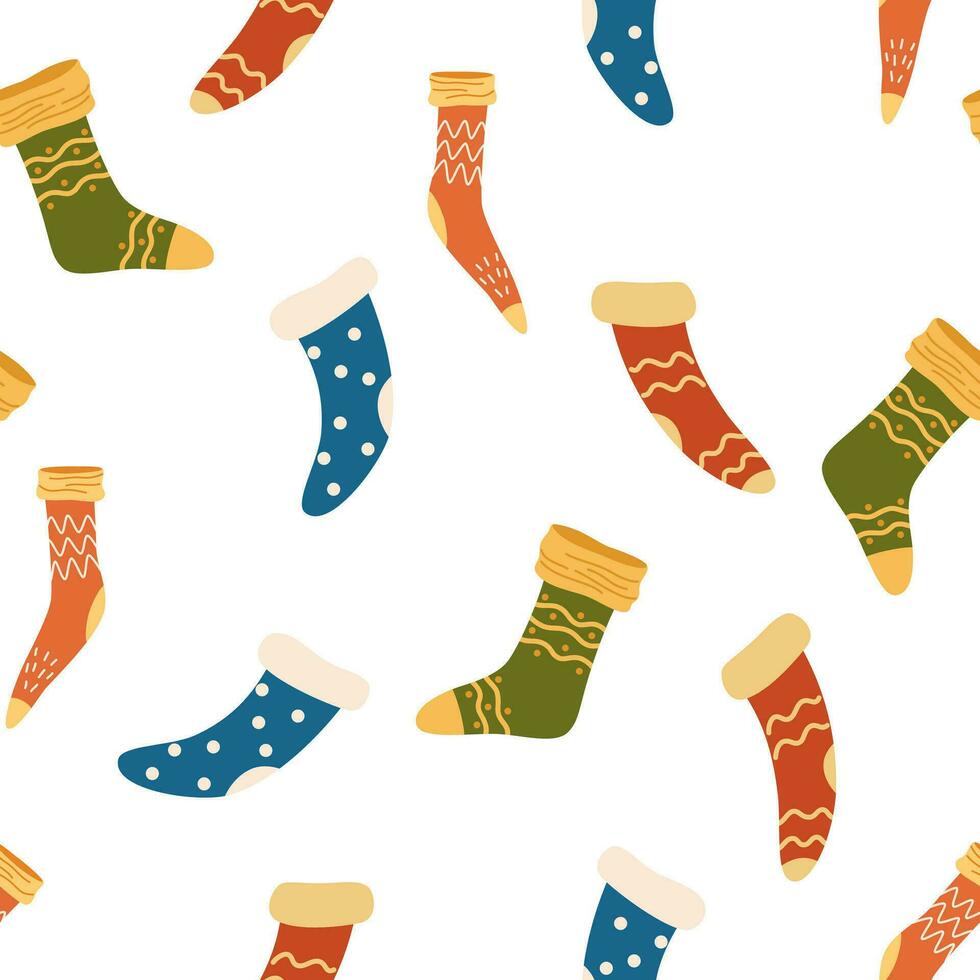 Christmas socks pattern design, White winter repeat background. Holiday vector seamless pattern for kids fabric design.