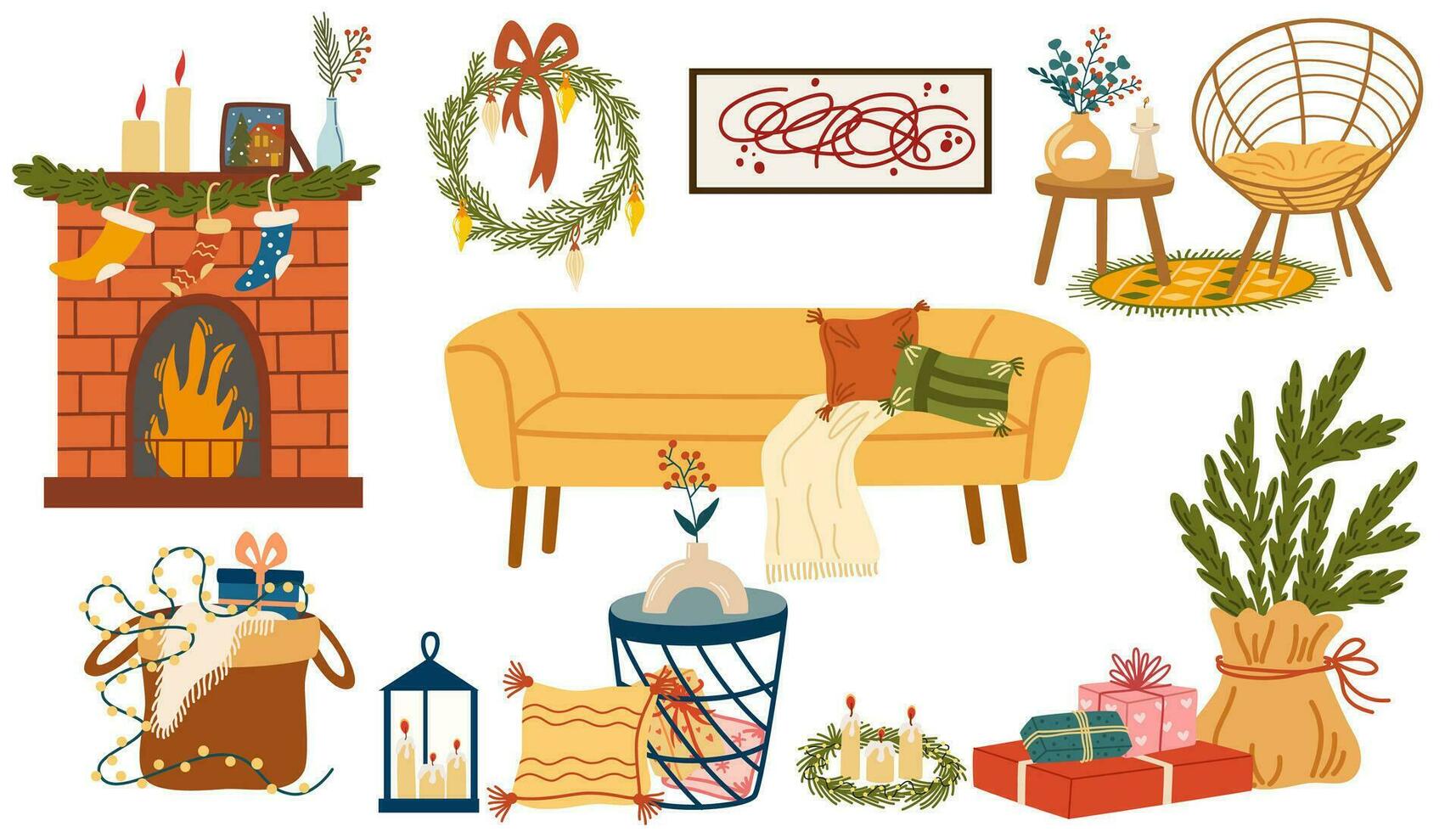 Navidad interior elementos colocar. hogar con medias, sofá, florero, vela, silla y mesa. invierno fiesta casa decoraciones acogedor hogar mueble. vector mano dibujar ilustración aislado