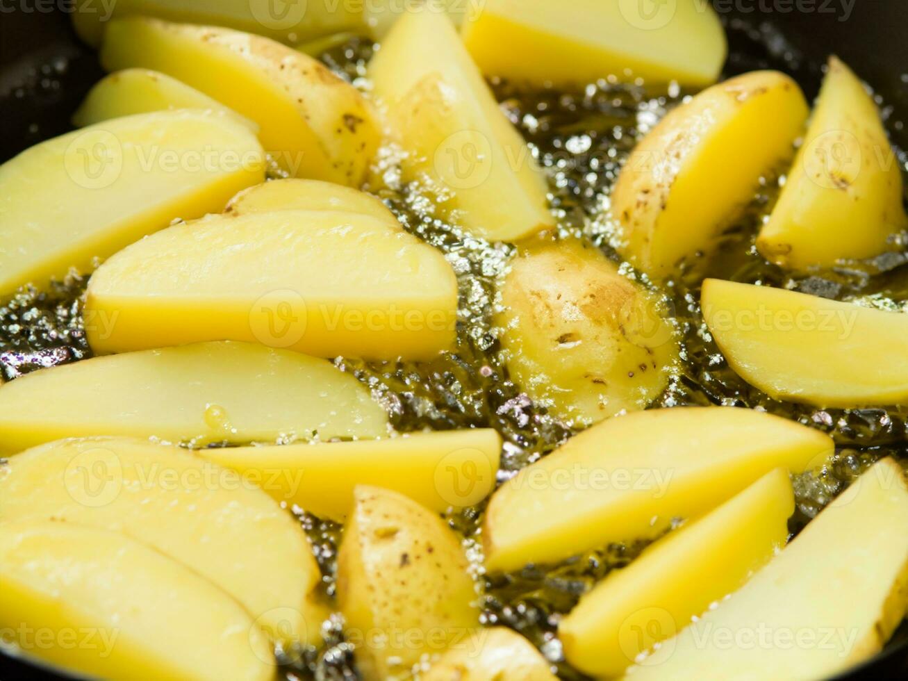 fried potatoes with hot oil in a pan, close - up photo