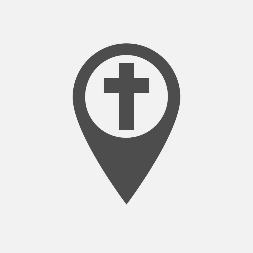 Map pointer of christian organization. Creative church logo concept. Black and white colors. Flat design. Gps location arrow. Isolated graphic template. Religious icon. Navigator pin symbol. vector