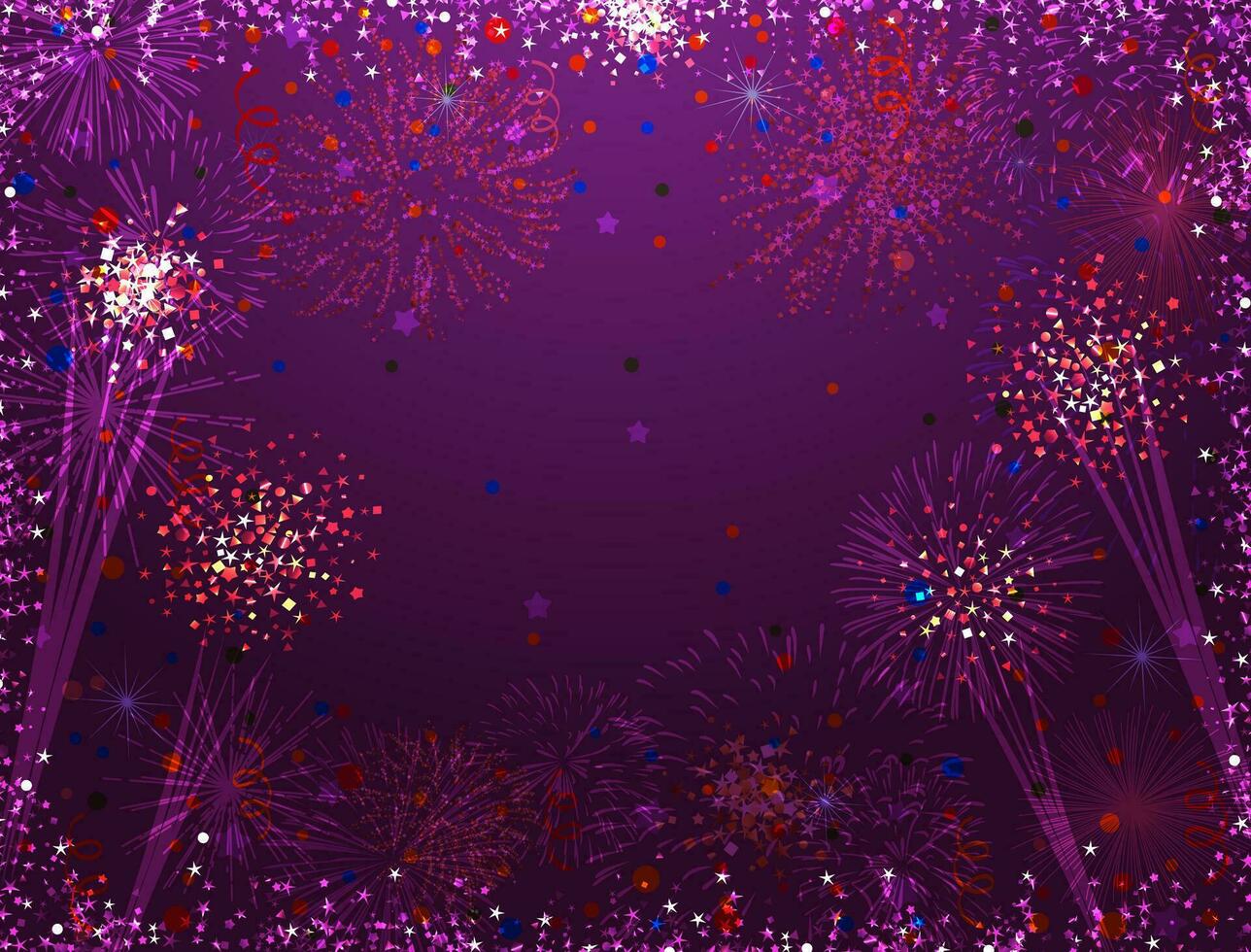 Holiday background. Purple color, glittering confetti, shiny fireworks. Festive expressive design. Greeting card template. Postcard or banner concept. Isolated elements. Abstract backdrop. Empty blank vector
