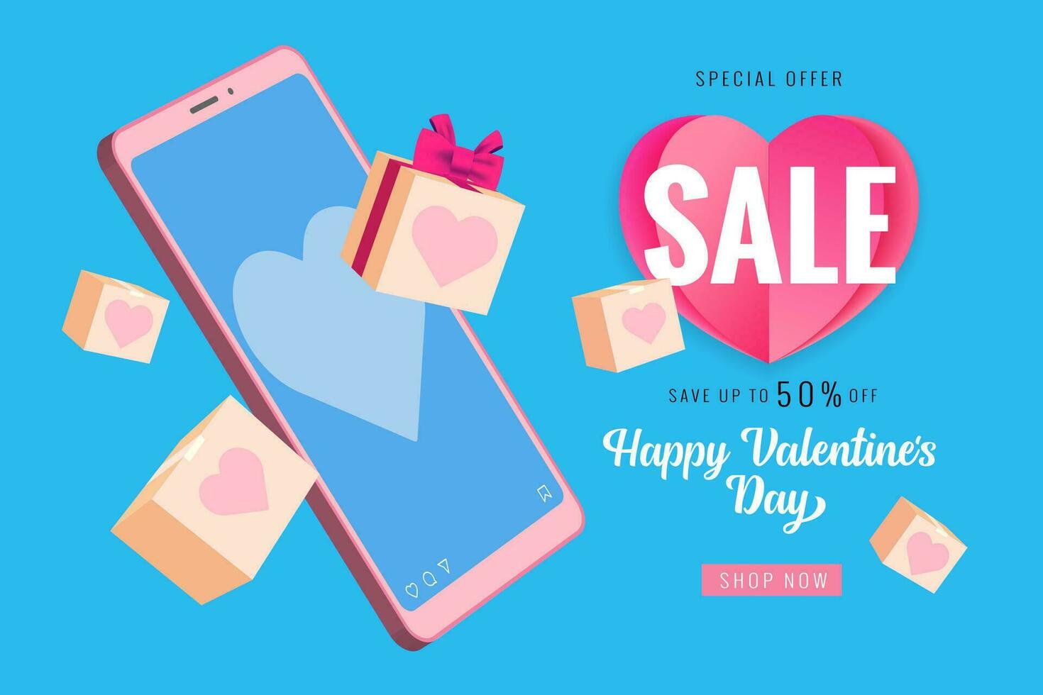 Valentine's day Sale banner with 3D graphic elements. Vector illustration.