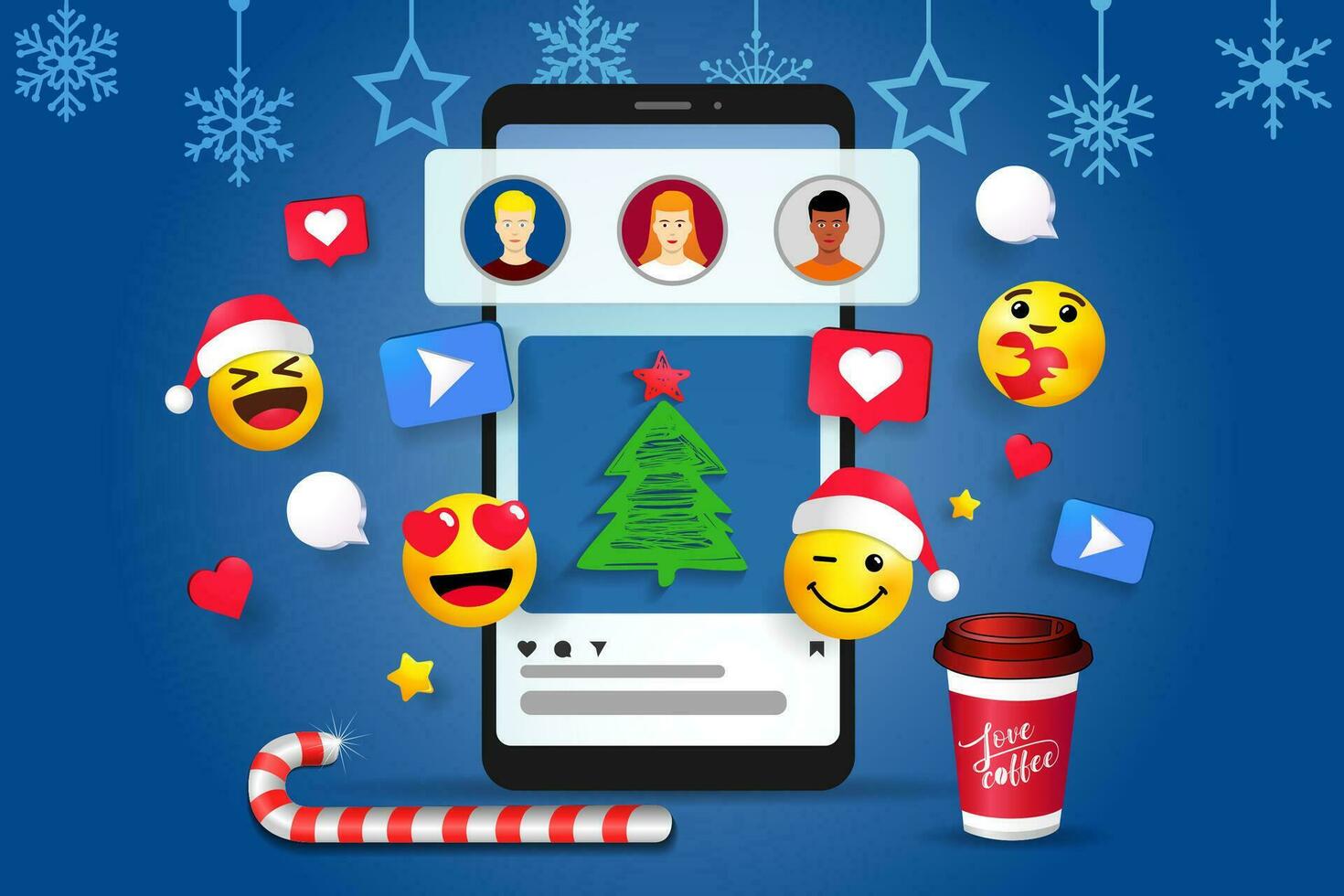 Christmas Social media platform, online communication banner. 3D elements. Positive emoticons vector