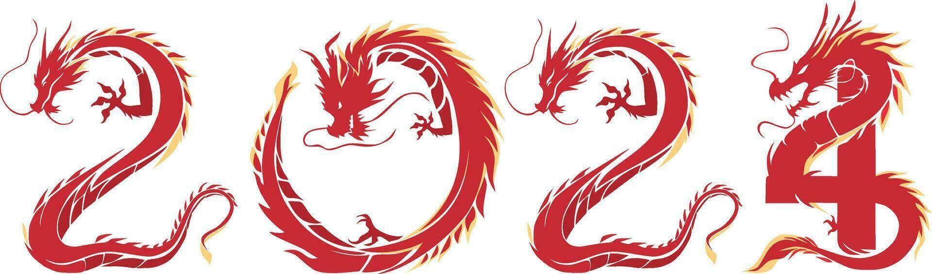 Abstract red dragon silhouette curved into the shape of the number 2024 to symbolize the Chinese Year of the Dragon, illustration style vector