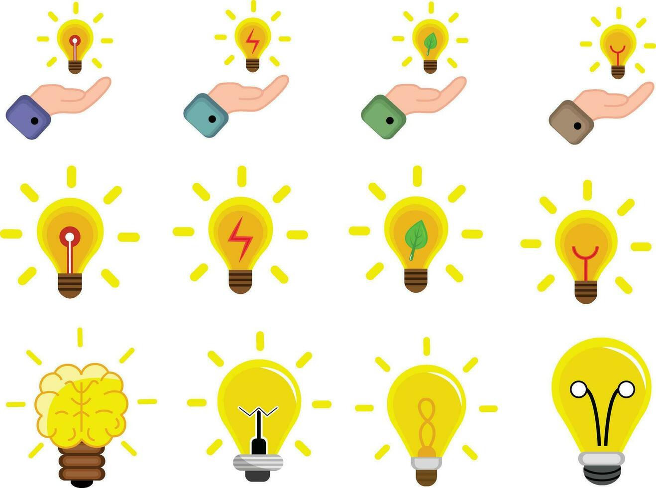 ligero bulbo con rayos brillar plano colocar, idea y innovación icono conjunto vector