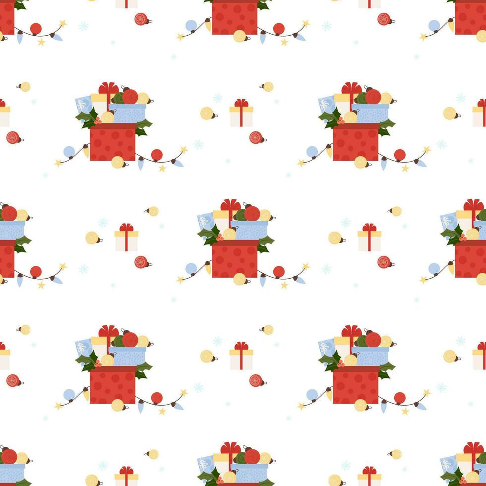 Christmas seamless pattern. New Year gifts, balls and festive garland on white background. Vector illustration.