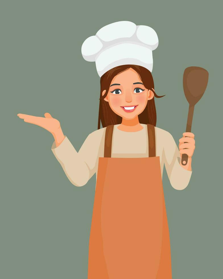 Young woman in chef hat and apron holding ladle showing hand for copy space vector