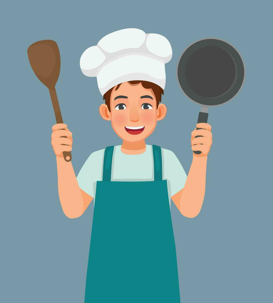 Young man in chef hat and apron holding ladle and frying pan vector