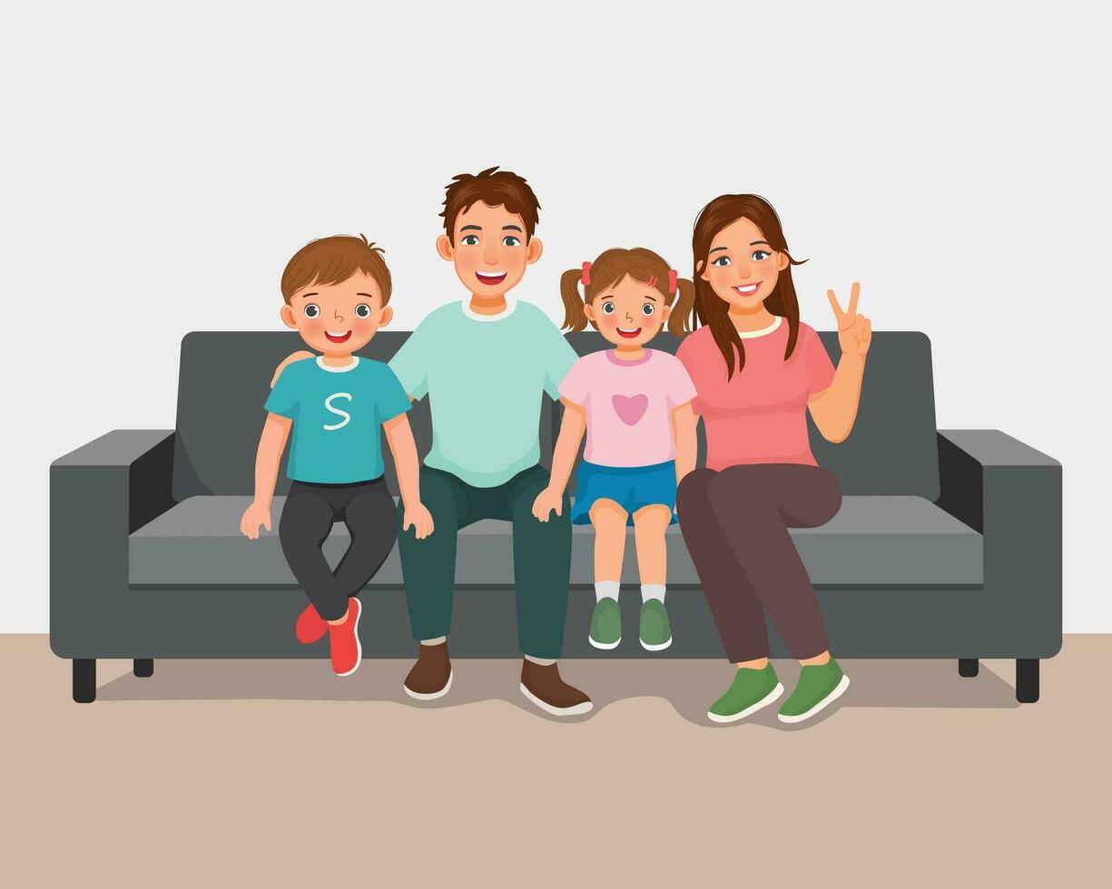 Happy family sitting on the couch together vector