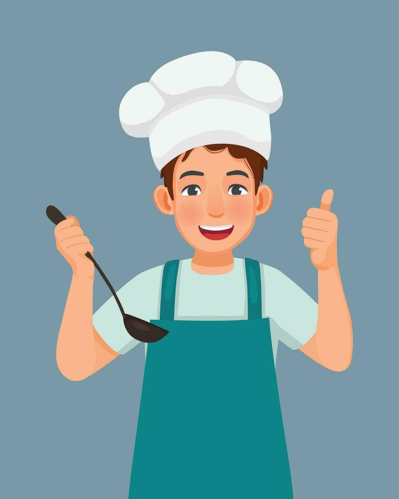 Young man in chef hat and apron holding soup spoon showing thumb up sign vector