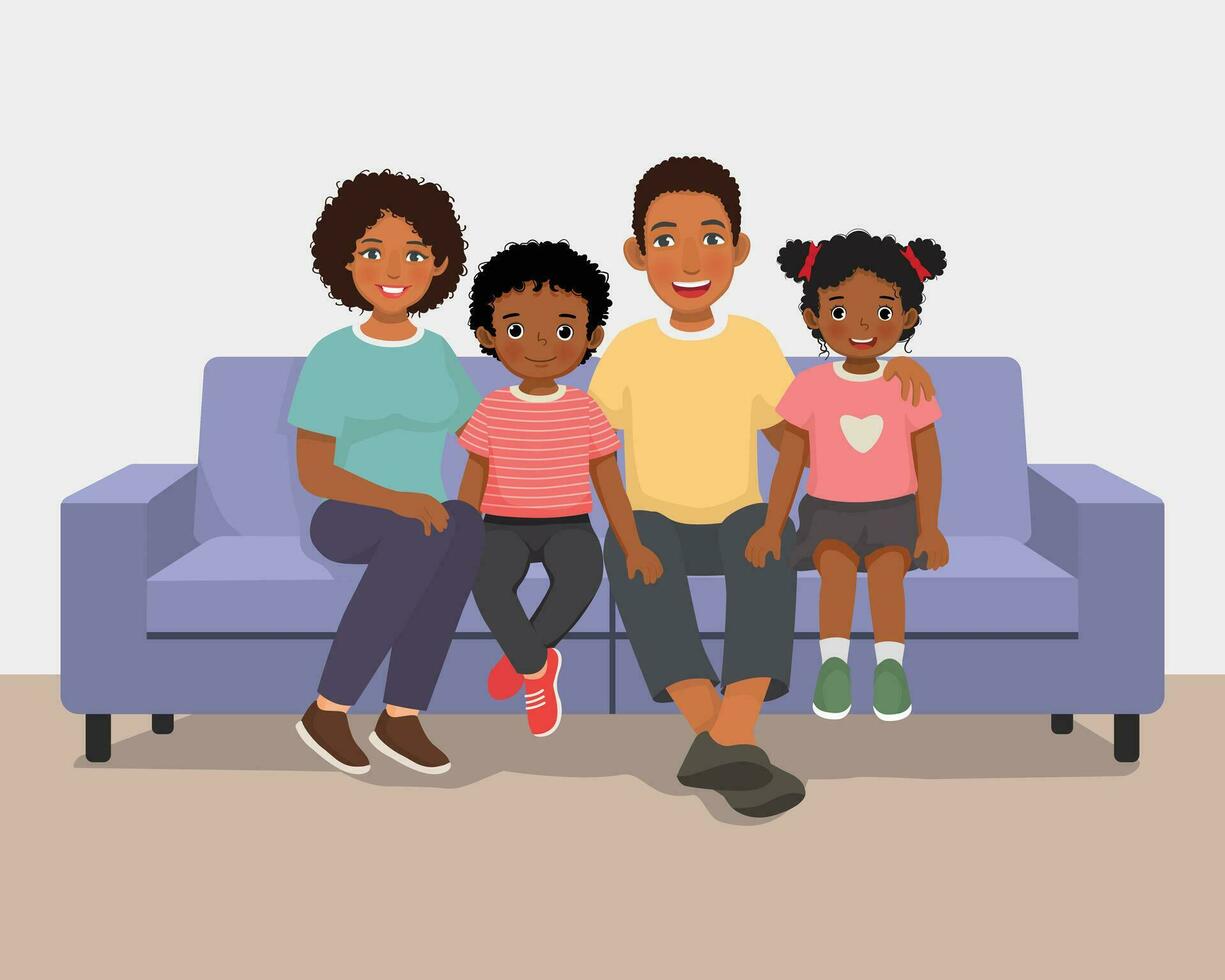 contento africano familia sentado en el sofá juntos vector