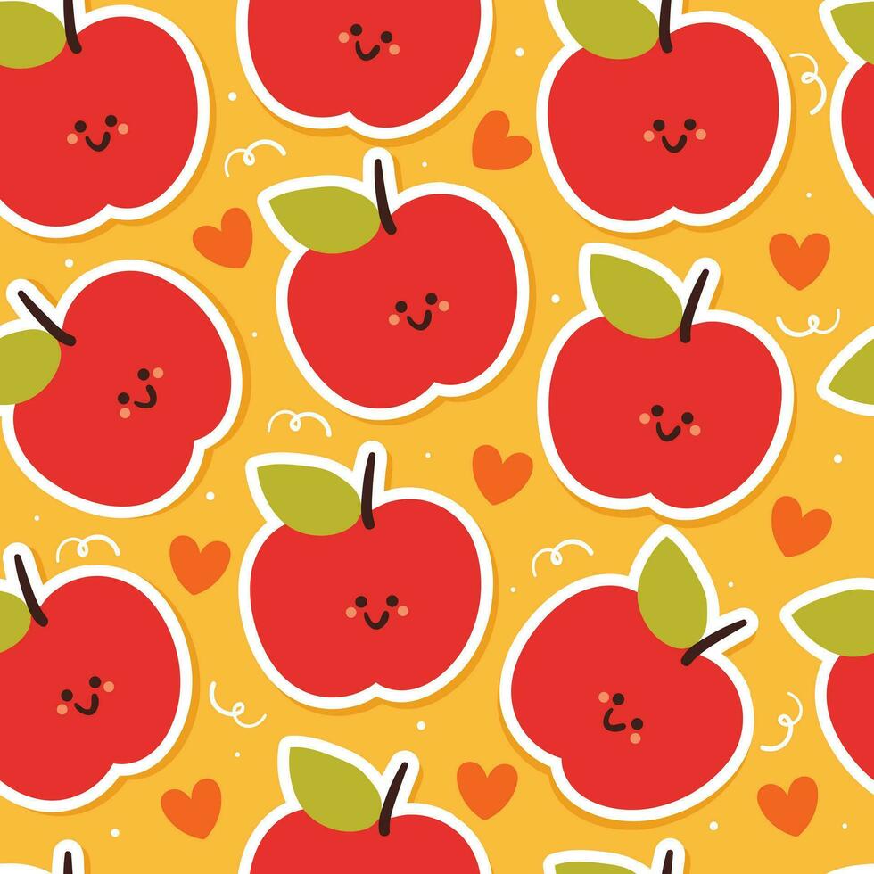 sin costura modelo dibujos animados manzana personaje con corazones en amarillo antecedentes. linda Fruta fondo de pantalla para regalo envolver papel vector