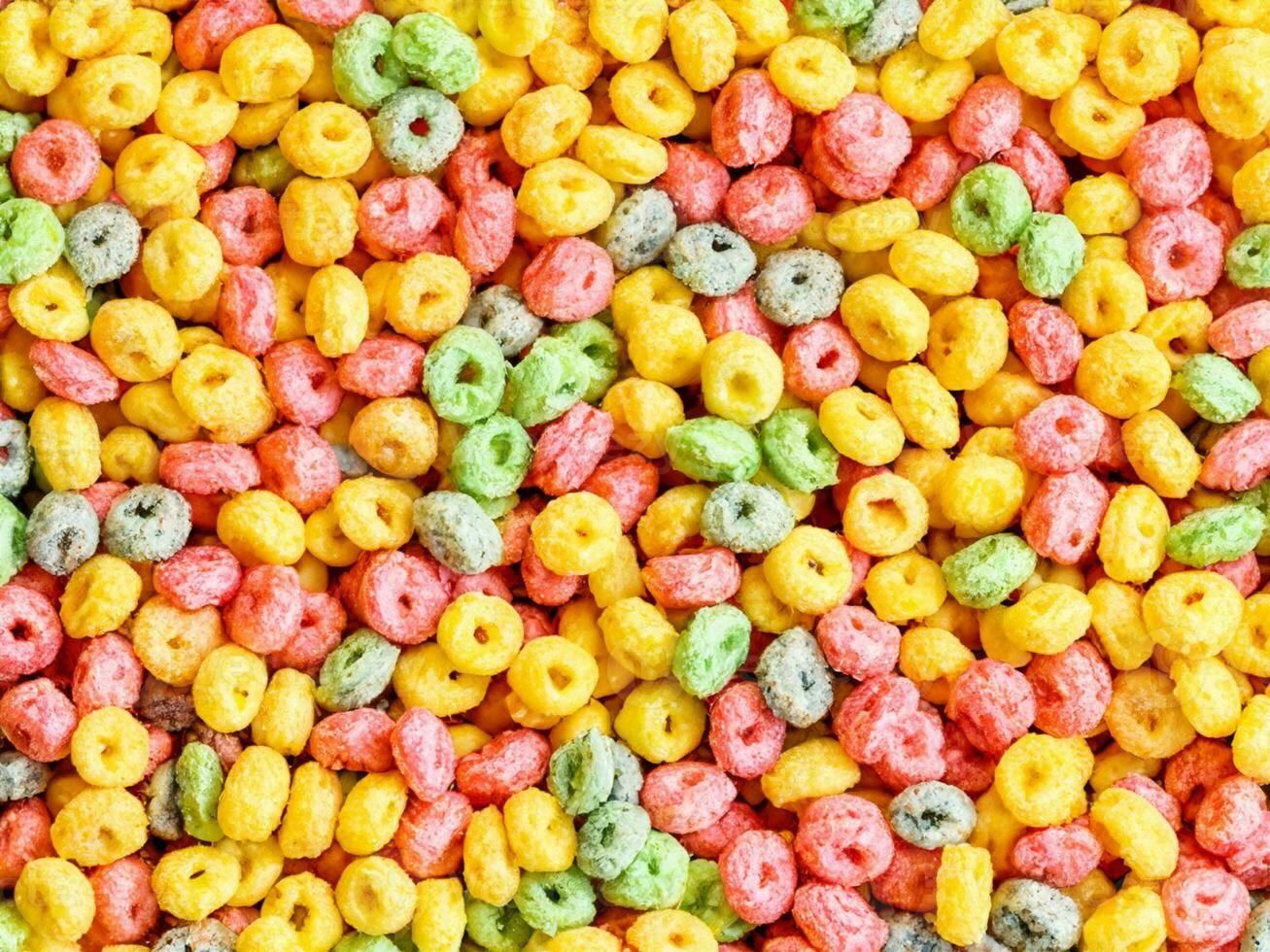 colorful cereal rings on white background photo