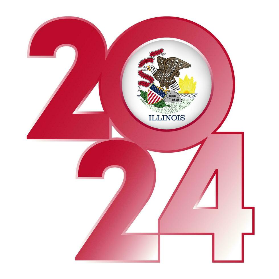 2024 banner with Illinois state flag inside. Vector illustration.