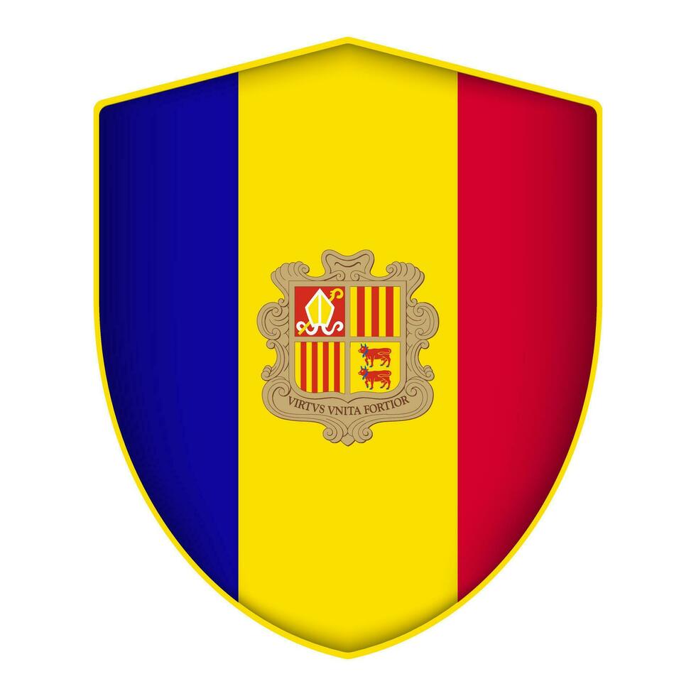 Andorra flag in shield shape. Vector illustration.