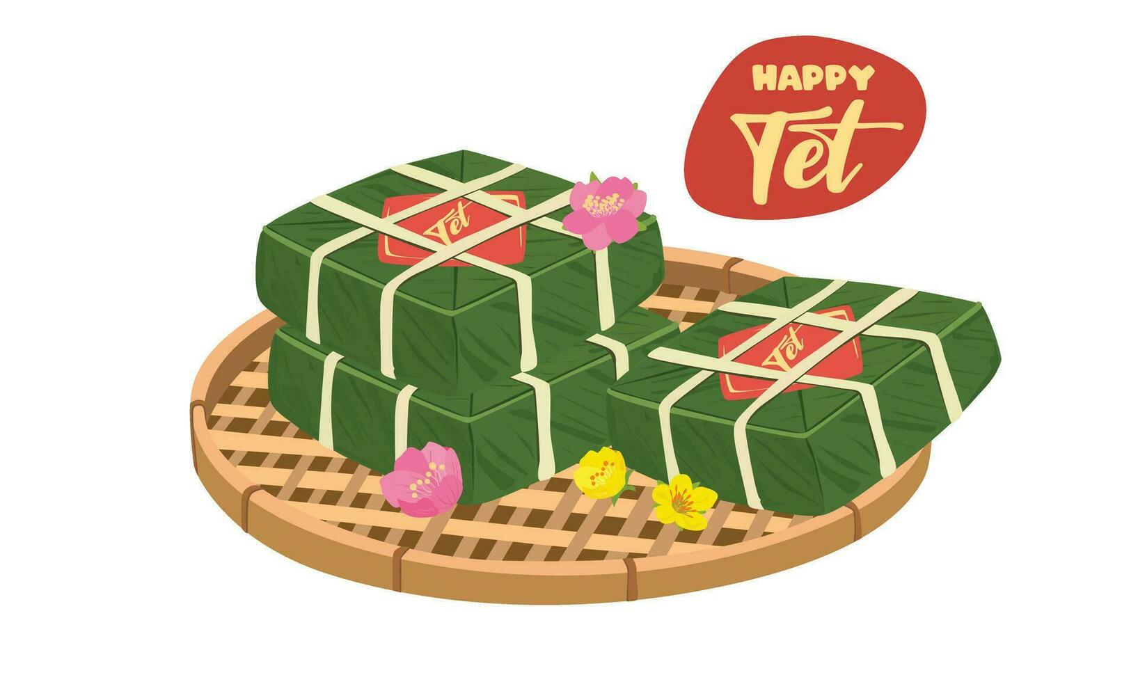 Vietnamese traditional lunar new year vector set. Vietnamese new year cuisine and flower. Chung cake vector and ochna integerrima  tree branch vector. Banh chung, hoa mai. Vietnamese Tet. Tet holiday.