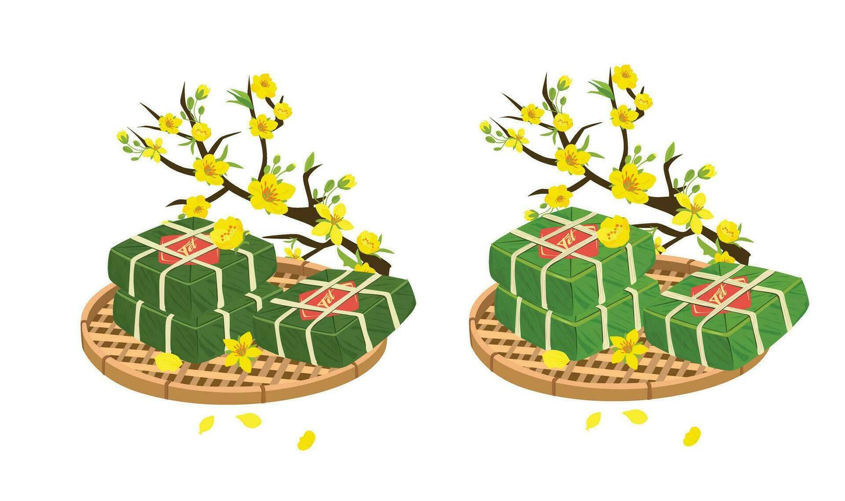 vietnamita tradicional lunar nuevo año vector colocar. vietnamita nuevo año cocina y flor. Chung pastel vector y Ochna integral árbol rama vector. banh Chung, hoa Mai. vietnamita tet. tet día festivo.