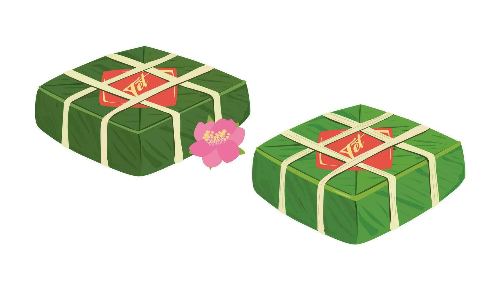 Chung cake vector set. Chung cake with peach blossom. Vietnamese cuisine. Vietnamese traditional new year. Square sticky rice stuffed in banana leaves. Banh chung. Happy Tet holiday. Tet food.