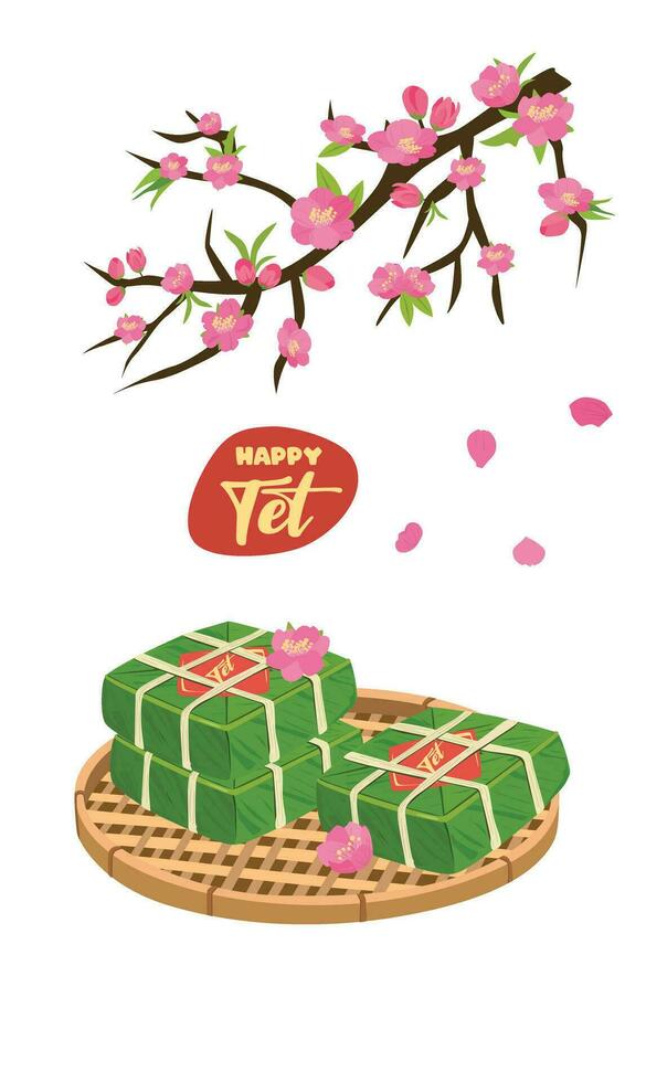 Vietnamese traditional lunar new year vector set. Vietnamese new year cuisine. Chung cake vector and peach blossom tree branch vector. Banh chung, hoa dao. Vietnamese Tet. Happy Tet holiday.