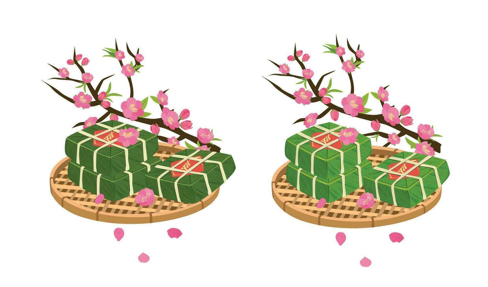 Vietnamese traditional lunar new year vector set. Vietnamese new year cuisine. Chung cake vector and peach blossom tree branch vector. Banh chung, hoa dao. Vietnamese Tet. Happy Tet holiday.