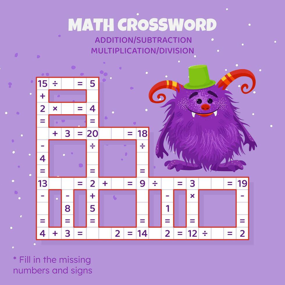 Math Crossword puzzle for children. Addition, subtraction, multiplication and division. Counting up to 20. Vector illustration. Crossword game with cartoon monster. Task, education material for kids.