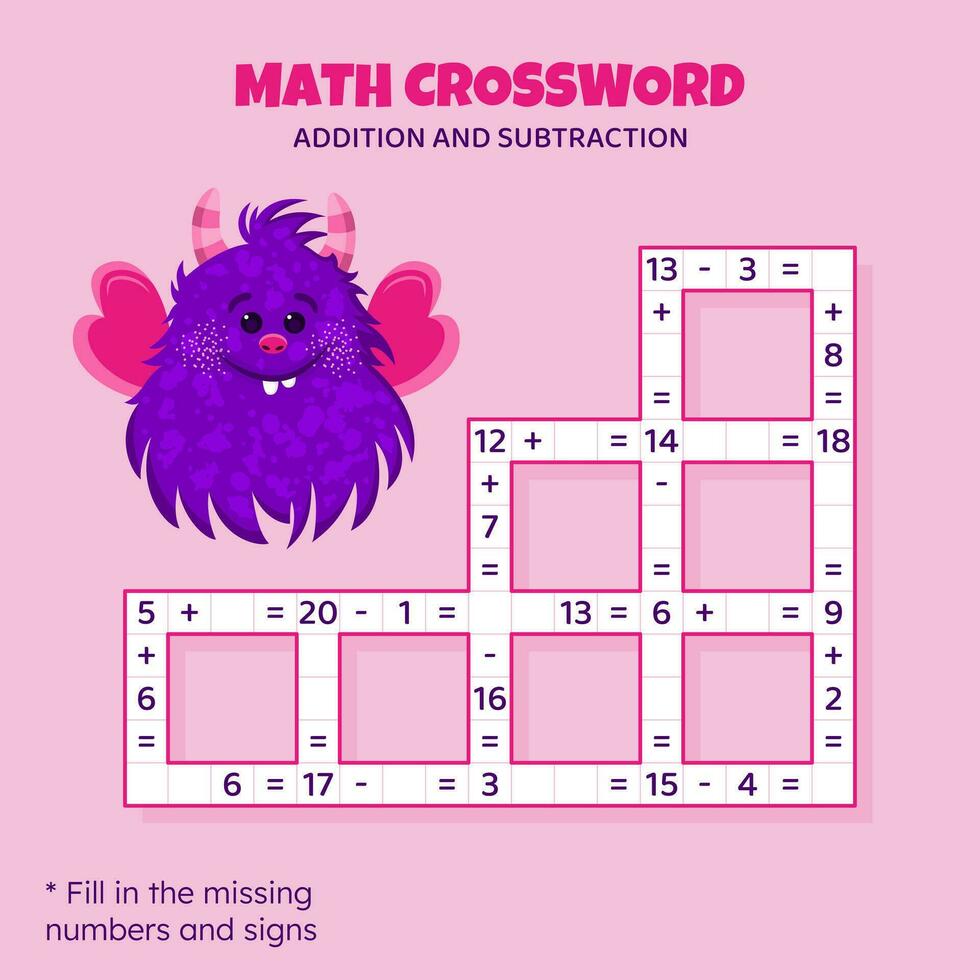 Math Crossword puzzle for kids. Addition and subtraction. Counting up to 20. Game for children. Vector illustration. Colorful crossword with cartoon monster. Task, education material for kids.