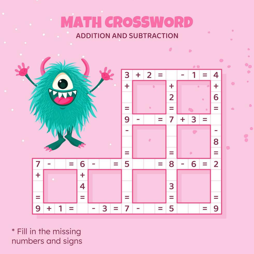 matemáticas crucigrama rompecabezas para niños. adición y sustracción. contando arriba a 10 juego para niños. vector ilustración. vistoso crucigrama con dibujos animados monstruo. tarea, educación material para niños.