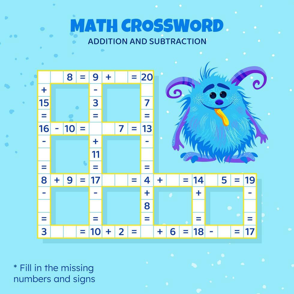 Math Crossword puzzle for kids. Addition and subtraction. Counting up to 20. Game for children. Vector illustration. Colorful crossword with cartoon monster. Task, education material for kids.