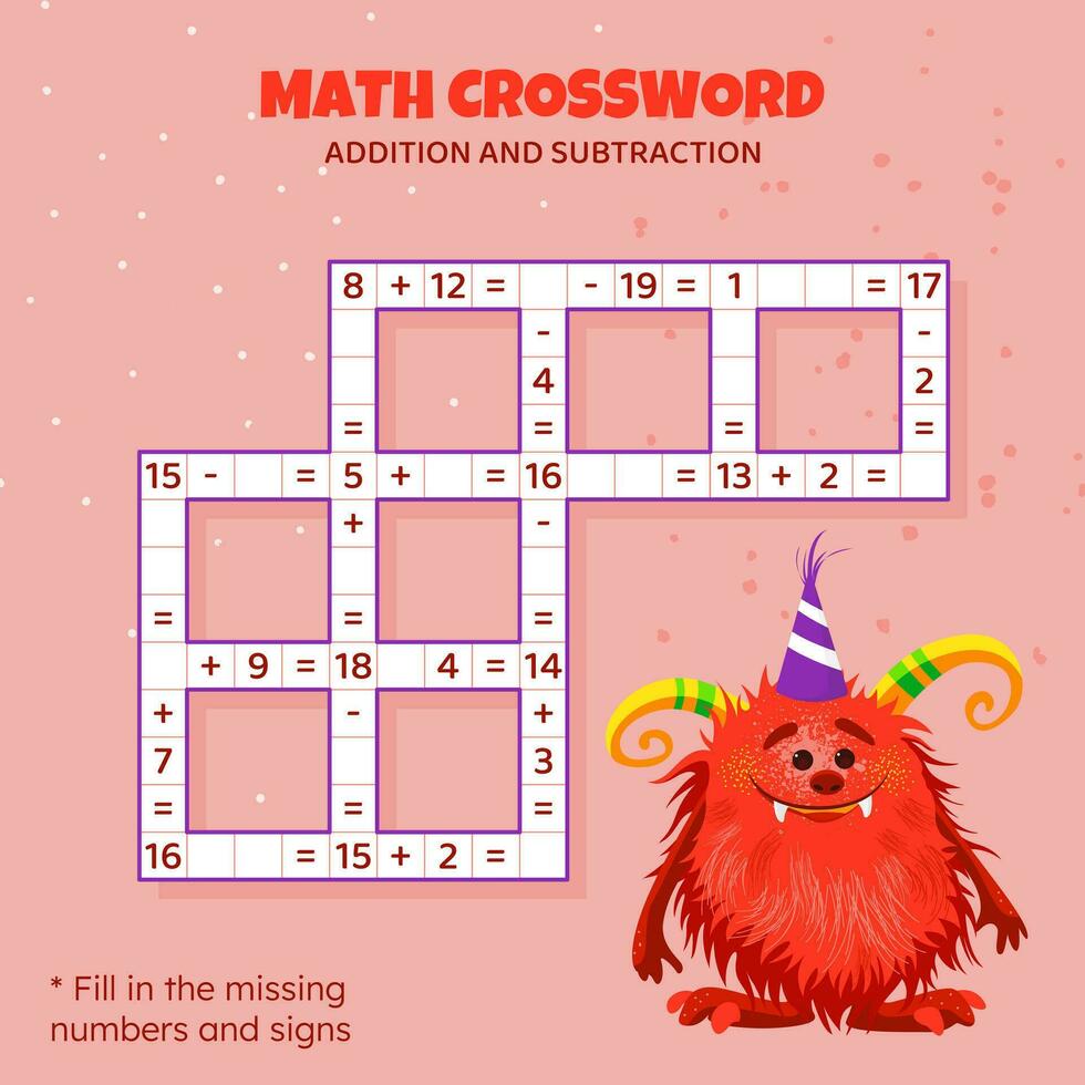 Math Crossword puzzle for kids. Addition and subtraction. Counting up to 20. Game for children. Vector illustration. Colorful crossword with cartoon monster. Task, education material for kids.
