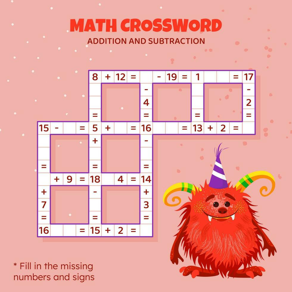 matemáticas crucigrama rompecabezas para niños. adición y sustracción. contando arriba a 20 juego para niños. vector ilustración. vistoso crucigrama con dibujos animados monstruo. tarea, educación material para niños.